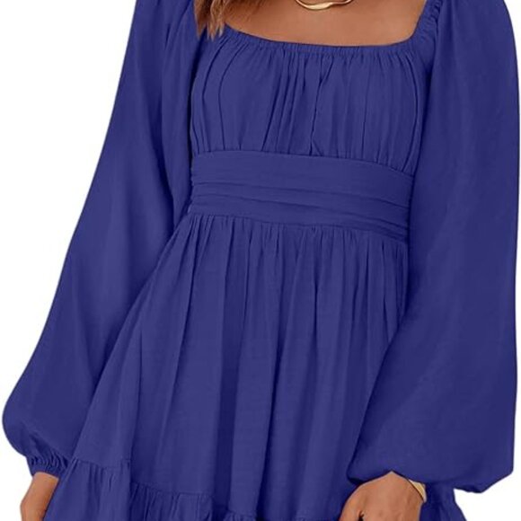 DOKOTOO Women's Lantern Sleeve Square Neck Tie Backless Sexy Dress Sz: M Blue - Picture 7 of 15